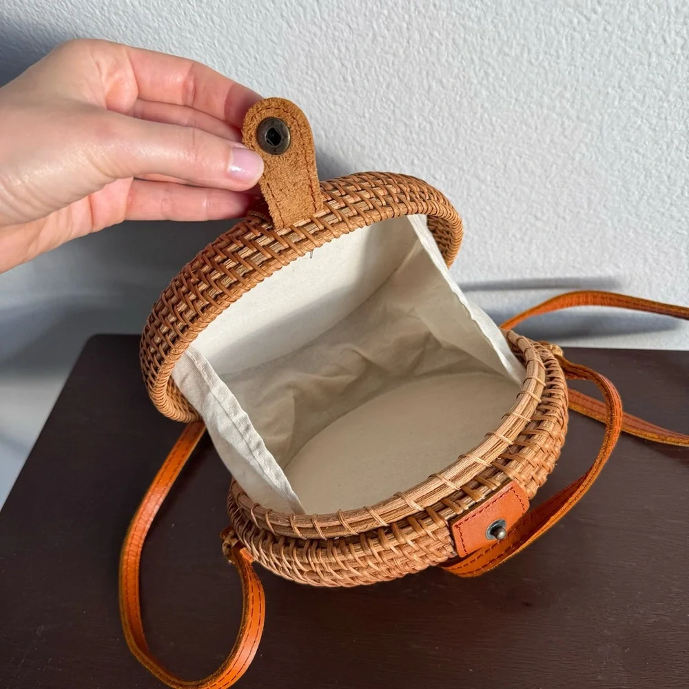 Handwoven Rattan Circle Bag Boho Crossbody Wicker Bali Summer Purse